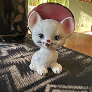 Vintage Cat Figurine Kitten Pink Hat White kitsch